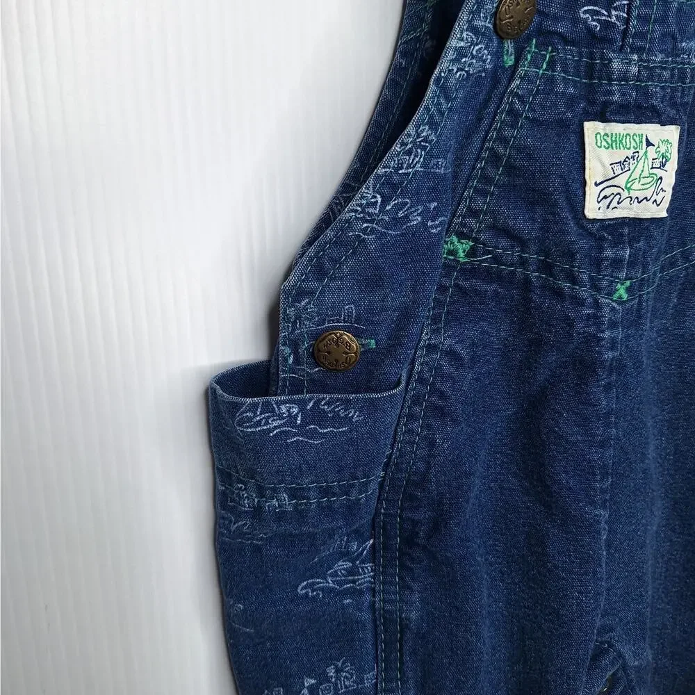 Vintage OshKosh B'Gosh Vestbak Baby Denim Sailboat Bubble Bib Overall 6-9 mo USA